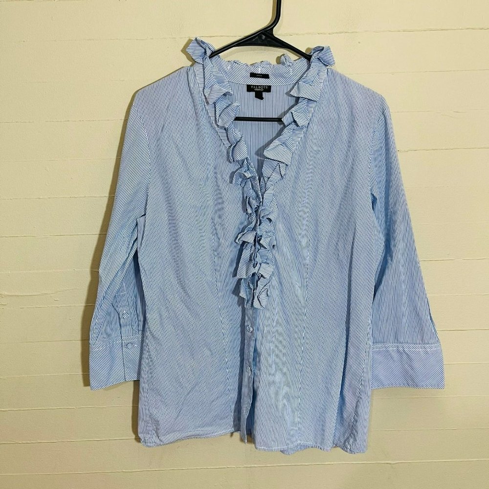 Talbots Tuxedo Style Button Front Shirt Ruffle Stripe Pinstripe SZ 12 Cotton
